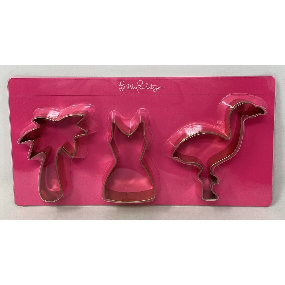 Lilly Pulitzer Set of 3 Cookie Cutters Gold Metallic Flamingo Palm Tree Dress‎